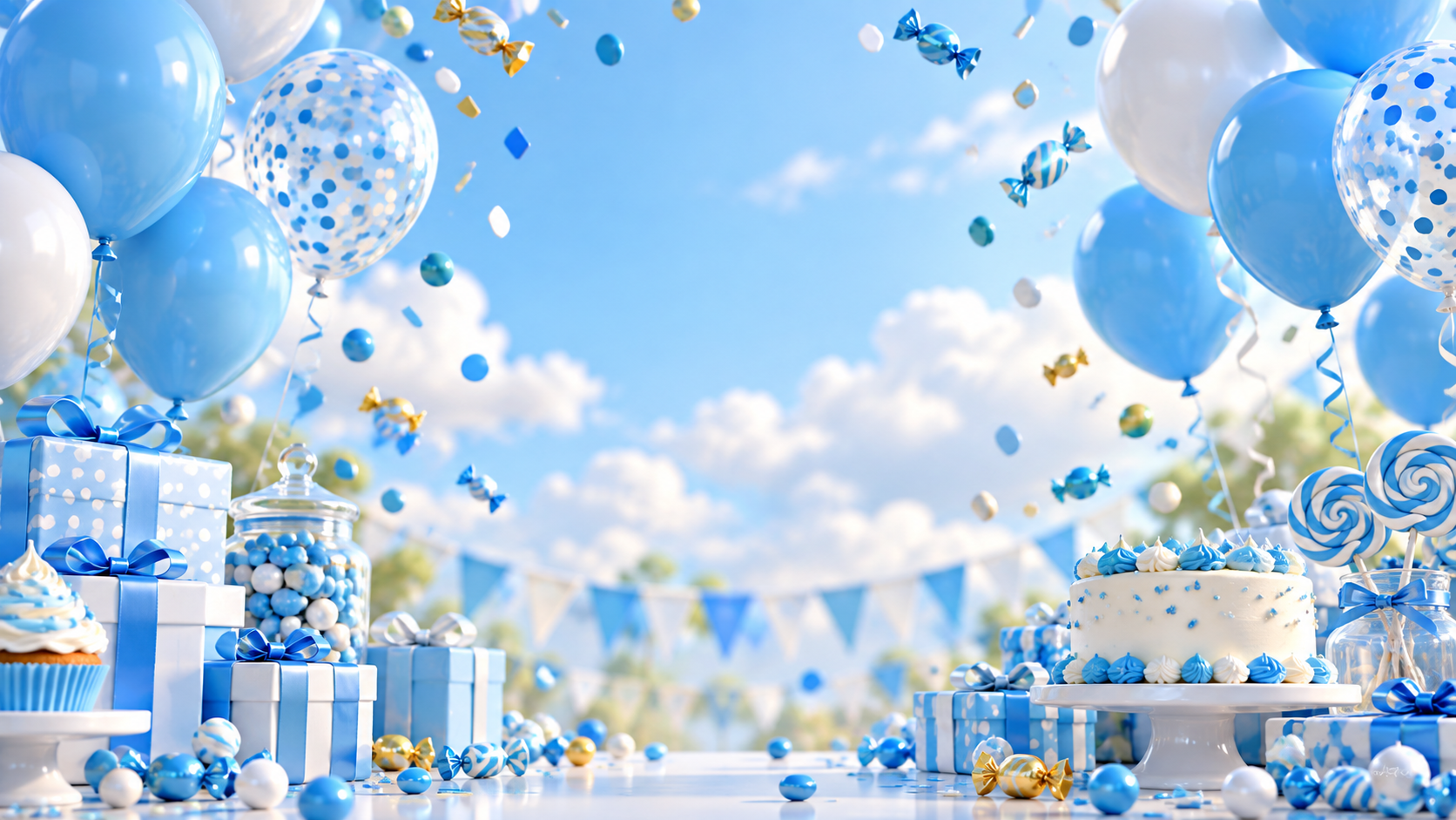 Globos celestes y blancos, confites y dulces de cumpleaños